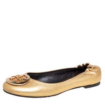 Pre Owned Tory Burch Gold Leather Reva Scrunch Ballet Flats Size 38.5