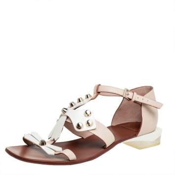 Pre Owned Tory Burch White/Beige Leather Studded Strap Flat Sandals Size 38.5