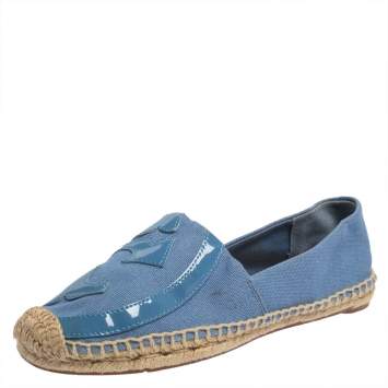 Pre Owned Tory Burch Blue Patent Leather And Canvas Espadrille Flats Size 38.5