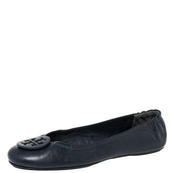 Pre Owned Tory Burch Blue Leather Minnie Scrunch Ballet Flats Size 40.5