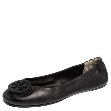 Pre Owned Tory Burch Black Leather Minnie Scrunch Ballet Flats Size 41