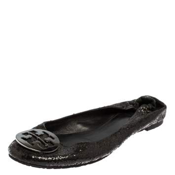 Pre Owned Tory Burch Black Glitter Logo Ballet Flats Size 41