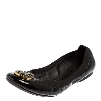 Pre Owned Tory Burch Black Patent Leather Scrunch Flats Size 41