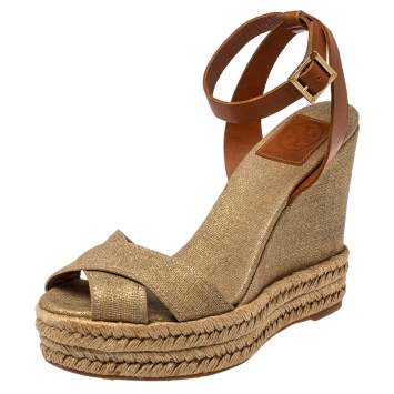 Pre Owned Tory Burch Gold Canvas Espadrille Wedge Sandals Size 38