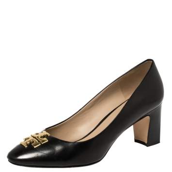 Pre Owned Tory Burch Black Leather Raleigh Block Heel Pumps Size 40