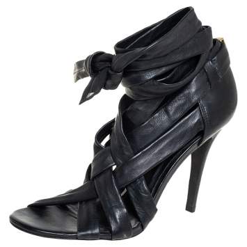 Pre Owned Tory Burch Black Leather Criss Cross Ankle Wrap Sandals Size 39.5