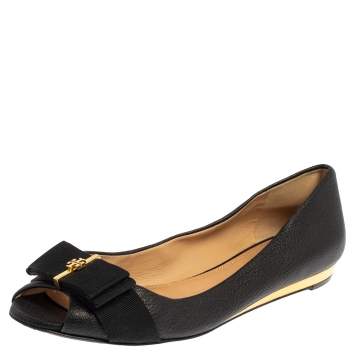 Pre Owned Tory Burch Black Leather Peep Toe Bow Flats Size 39
