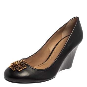 Pre Owned Tory Burch Black Leather Logo Wedge Pumps Size 40
