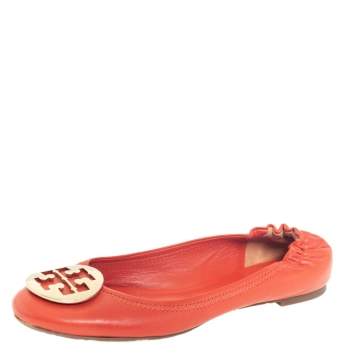 Pre Owned Tory Burch Orange Leather Minnie Ballet Flats Size 39