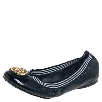Pre Owned Tory Burch Navy Blue Patent Leather Croline Scrunch Ballet Flats Size 37