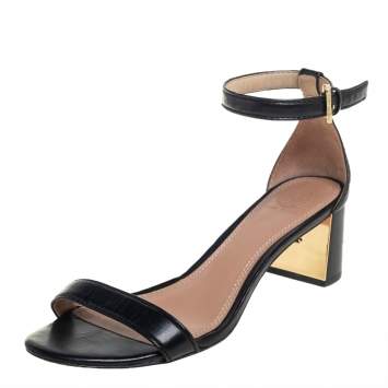 Pre Owned Tory Burch Black Leather Block Heel Ankle Strap Sandals Size 38