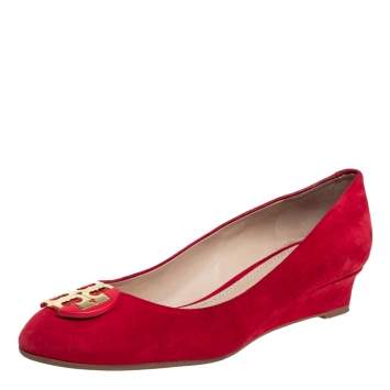 Pre Owned Tory Burch Red Suede Wedge Pumps Size 37.5