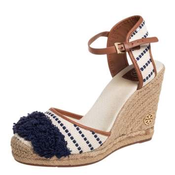 Pre Owned Tory Burch Multicolor Canvas And Leather Trim Wedge Espadrille Ankle Strap Sandals Size 40