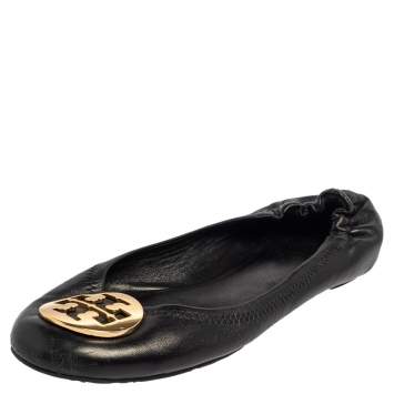 Pre Owned Tory Burch Black Leather Minnie Scrunch Ballet Flats Size 38