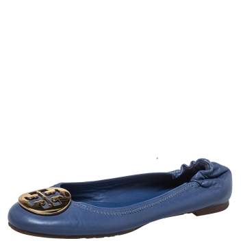 Pre Owned Tory Burch Blue Leather Twiggie Scrunch Ballet Flats Size 37