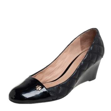 Pre Owned Tory Burch Black Quilted Leather Wedge Pumps Size 36.5