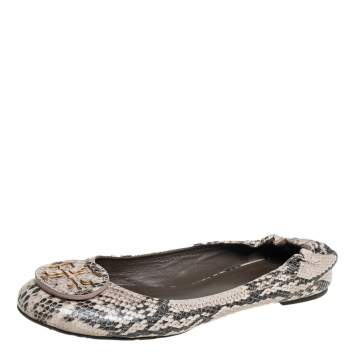 Pre Owned Tory Burch Beige/Brown Python Embossed Leather Reva Scrunch Ballet Flats Size 38
