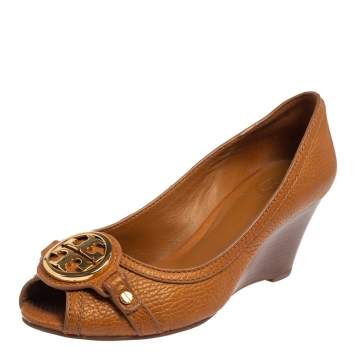 Pre Owned Tory Burch Brown Leather Wedge Sandals Size 37