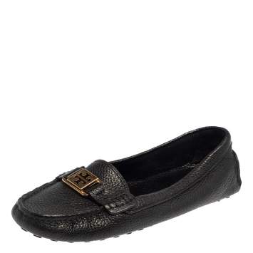 Pre Owned Tory Burch Black Leather Logo Embellished Slip On Loafers Size 39