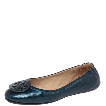 Pre Owned Tory Burch Blue Leather Minnie Ballet Flats Size 36.5