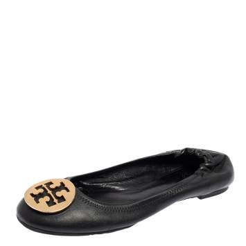 Pre Owned Tory Burch Black Leather Minnie Scrunch Ballet Flats Size 37.5