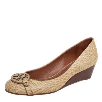 Pre Owned Tory Burch Beige Lizard Embossed Leather Julianne Wedge Pumps Size 38