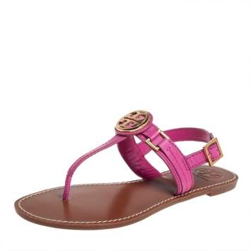 Pre Owned Tory Burch Pink Leather Selma Slingback Flat Thong Sandals Size 39