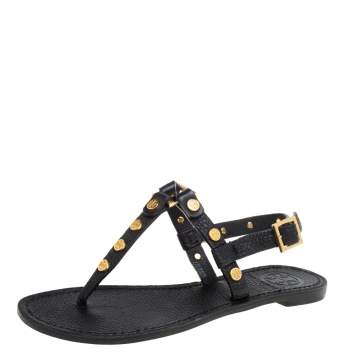 Pre Owned Tory Burch Black Leather Studded Thong Slingback Sandals Size 35.5