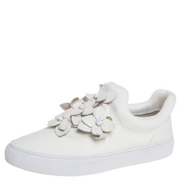 Pre Owned Tory Burch White Leather Blossom Floral Applique Slip On Sneakers Size 38