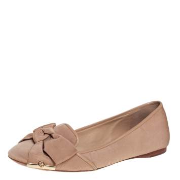 Pre Owned Tory Burch Metallic Beige Fabric Bow Ballet Flats Size 40