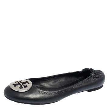 Pre Owned Tory Burch Black Leather Reva Scrunch Ballet Flats Size 38