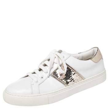 Pre Owned Tory Burch White/Gold Leather And Sequin Carter Sneakers Size 38.5