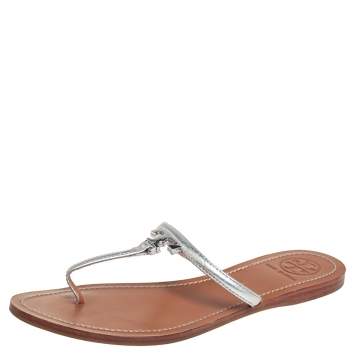 Pre Owned Tory Burch Silver Leather Thong Flats Size 39