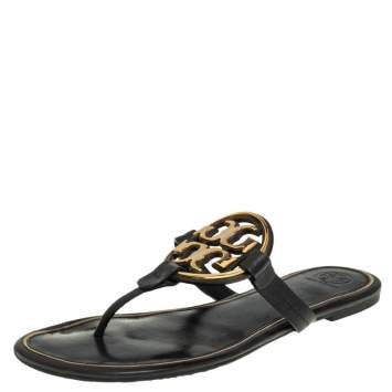 Pre Owned Tory Burch Black/Gold Leather Miller Flat Thong Sandals Size 41