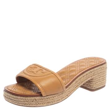 Pre Owned Tory Burch Brown Leather Fleming Espadrille Slide Sandals Size 37