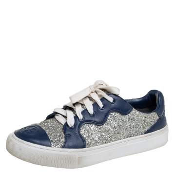 Pre Owned Tory Burch Blue/Silver Leather And Glitter Milo Low Top Sneakers Size 36