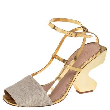Pre Owned Tory Burch Beige/Gold Leather and Canvas Curio Sandals Size 38