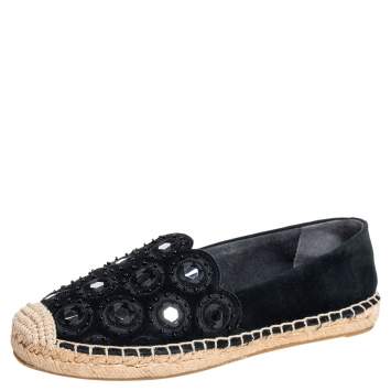 Pre Owned Tory Burch Black Suede Embellished Espadrille Flats Size 35