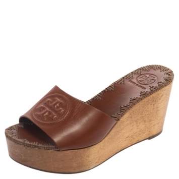 Pre Owned Tory Burch Brown Leather Patty Platform Wedge Sandals Size 35