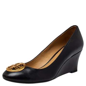 Pre Owned Tory Burch Black Leather Chelsea Wedge Pumps Size 35