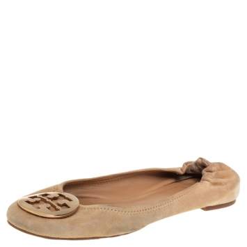 Pre Owned Tory Burch Beige Suede Reva Scrunch Ballet Flats Size 38.5