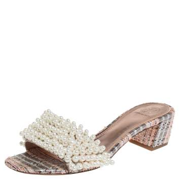 Pre Owned Tory Burch Multicolor Brocade Fabric Pearl Embellished Tatiana Slide Sandals Size 38a