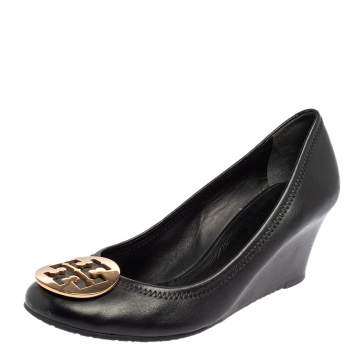 Pre Owned Tory Burch Black Leather Sophie Embellished Wedge Pumps Size 39