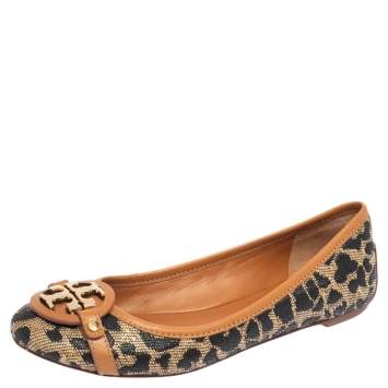 Pre Owned Tory Burch Black/Brown Leopard Print Straw and Leather Trim Ballet Flats Size 