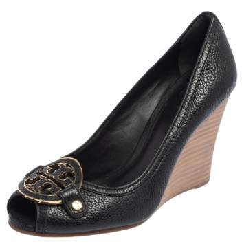 Pre Owned Tory Burch Black Leather Leticia Peep Toe Wedge Pumps Size 37.5