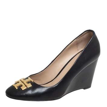 Pre Owned Tory Burch Black Leather  Logo Wedge Size 36