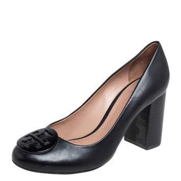 Pre Owned Tory Burch Black Leather Block Heel Pumps Size 36