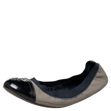 Pre Owned Tory Burch Grey/Blue Leather And Elastic Gabby Scrunch Ballet Flats Size 38.5