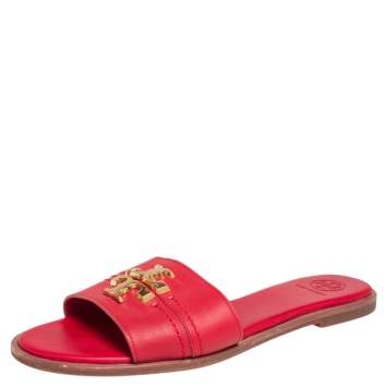 Pre Owned Tory Burch Red Leather Everly Slide Flats Size 38.5