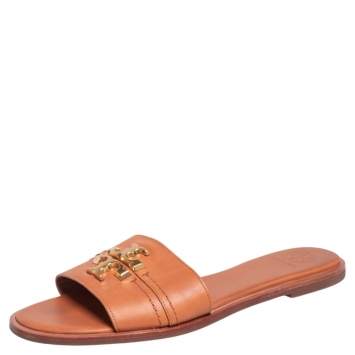 Pre Owned Tory Burch Brown Leather Everly Slide Flats Size 38.5